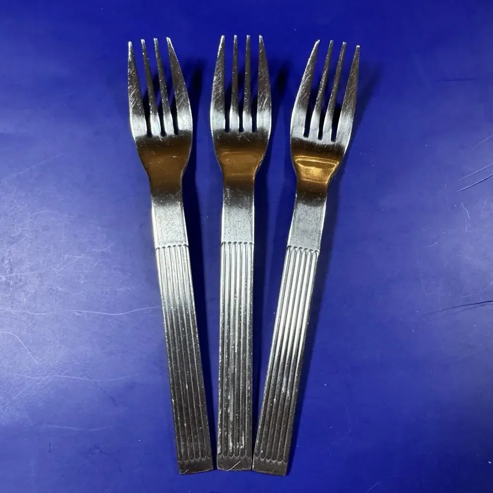 3x Dansk Stainless Thebe Dinner Forks 7 3/8” Glossy Ribbed Handle